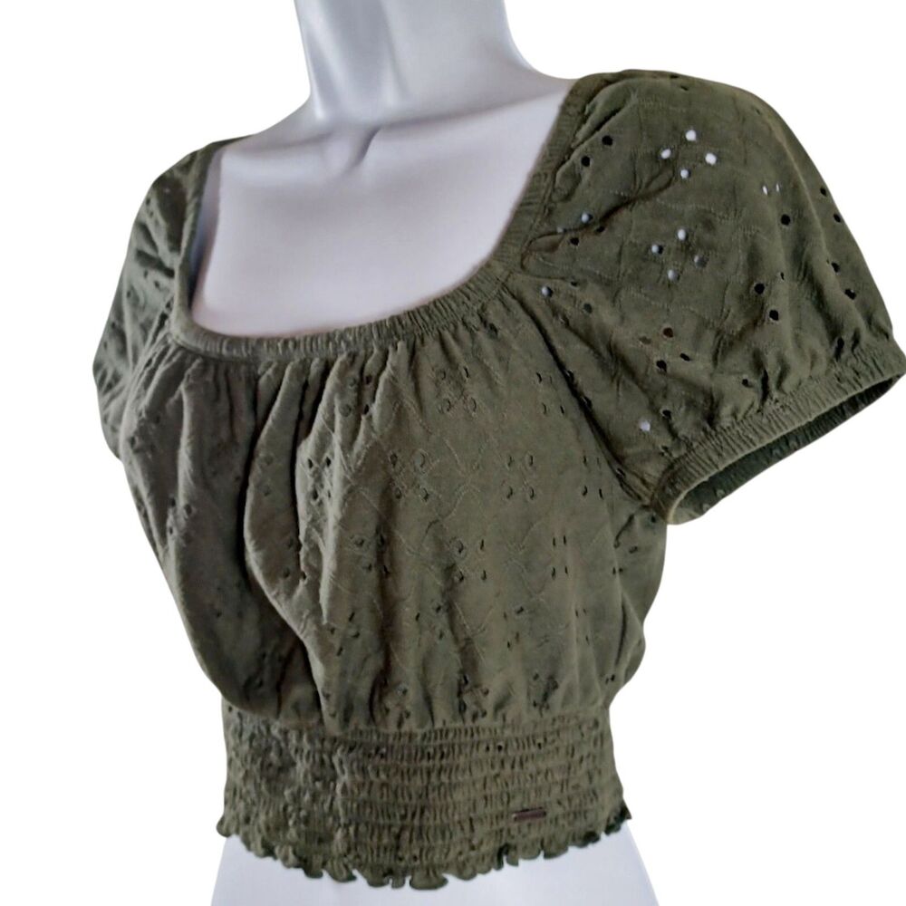 Hollister Smocked Crop Top S Eyelet Puff Sleeve Milkmaid Olive Green Cottagecore - Picture 3 of 6